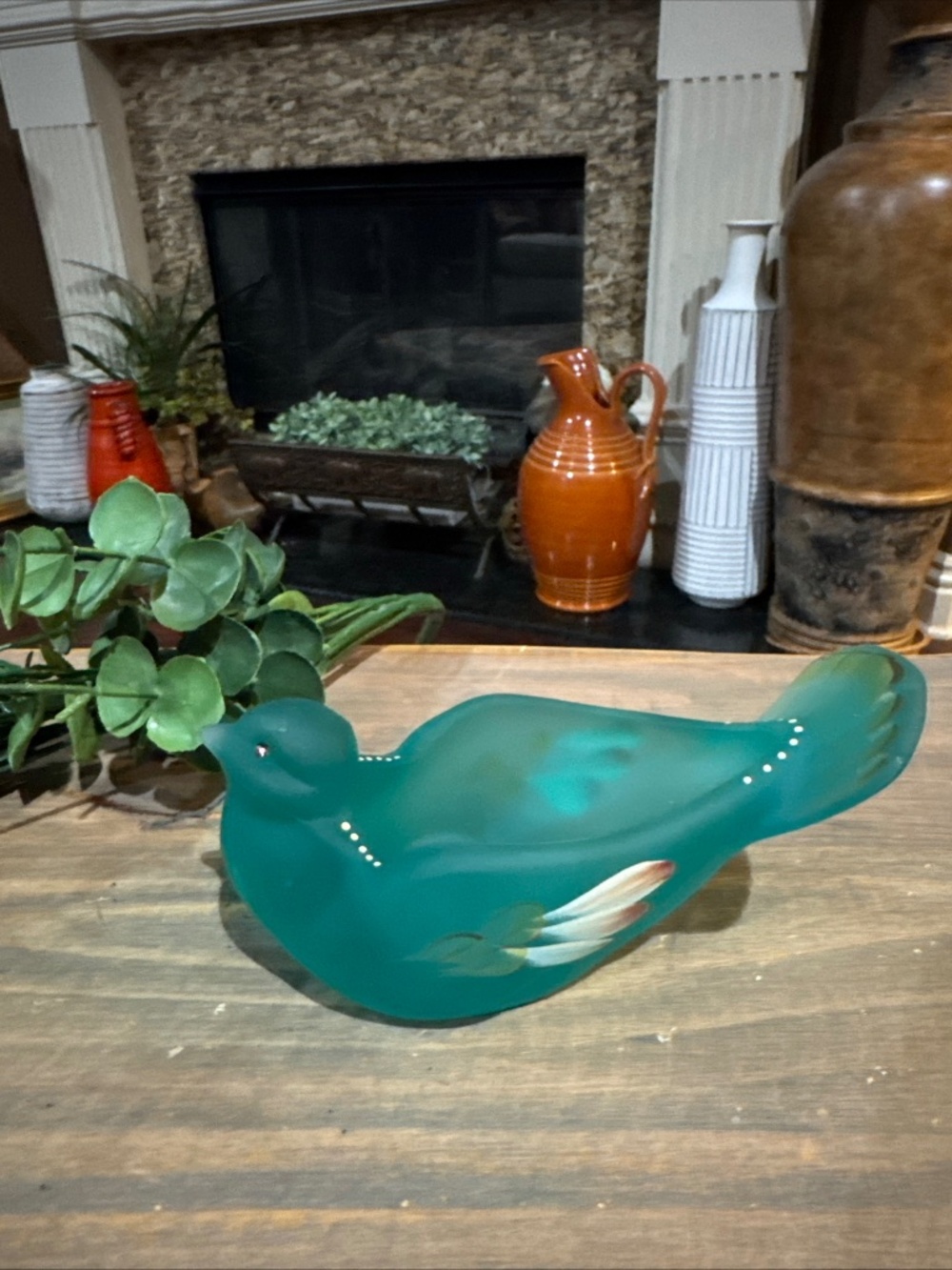 Fenton Robin's Egg Blue Satin Hand Painted Open Bird. Signed, 6” x 3”